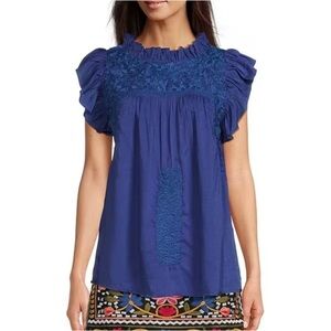 J.Marie Wrin Woven Embroidered Cap Sleeve Ruffled Trim Top in Royal Blue Size M